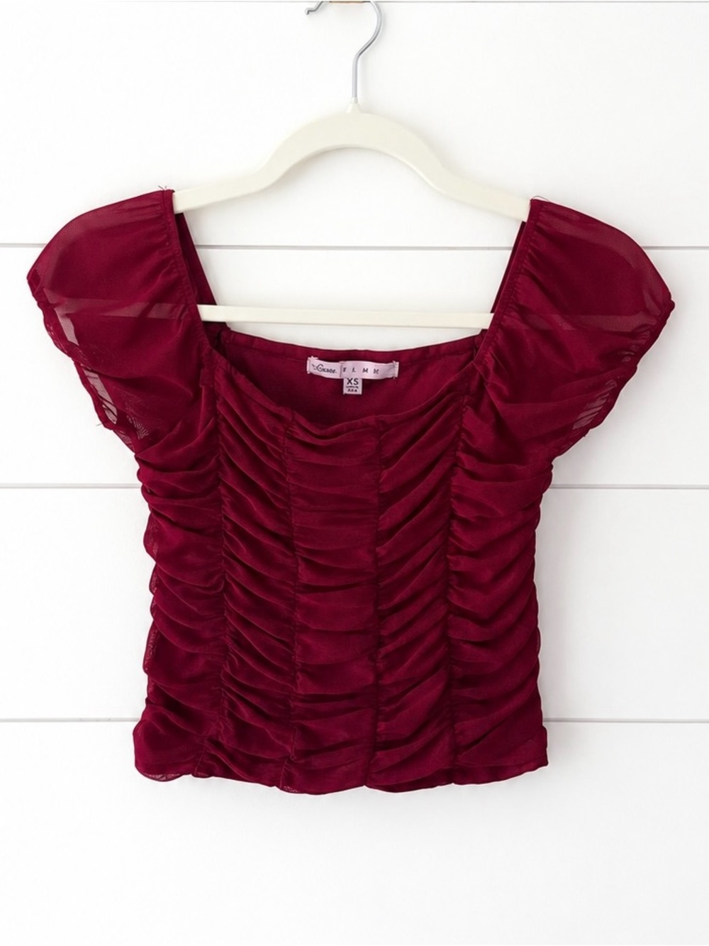 Burgandy Ruched Mesh Puff Sleeve Top XS Y2K Fairycore Going Out